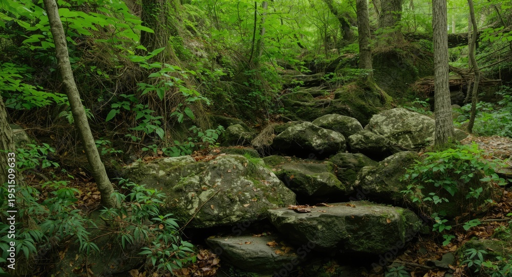 Fototapeta premium Lush green forest backdrop in summer with moss covered stones and climbing plants