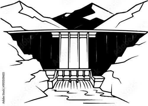 A striking monochrome illustration of a colossal dam structure against mountain peaks