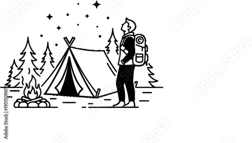 A person with a backpack looks up at stars while camping near a tent and campfire