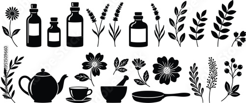 Herbal medicine silhouettes with essential oil bottles, jars, teapot, teacup, mortar and pestle, frying pan, lavender, chamomile, botanical elements, holistic wellness, natural remedies illustration