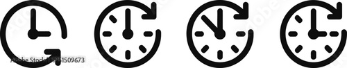 Set of minimalist black and white clock icons with circular arrows representing time history backup recent activity and countdown symbols