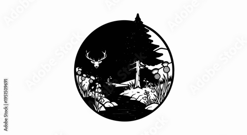 Silhouette of a deer in a forest scene with a stream and plants