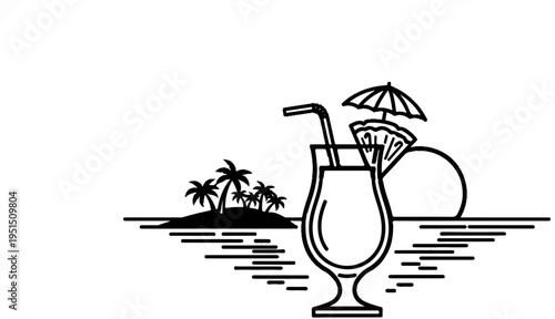 Tropical island with palm trees and a refreshing drink on the water