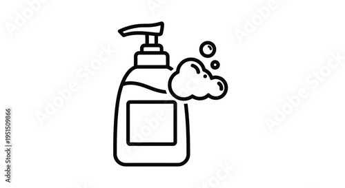 Minimalist black outline vector graphic illustration depicting a soap dispenser bottle with flowing suds and bubbles representing cleanliness.
