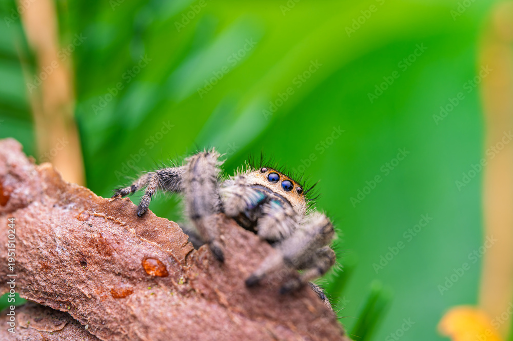 Fototapeta premium Jumping spider (Salticidae) climbing rough brown branch against blurred green background closeup