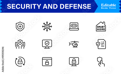 Explore Security and Defense Icon set. Modern Line Icon Collection for Tactical and Protection Designs