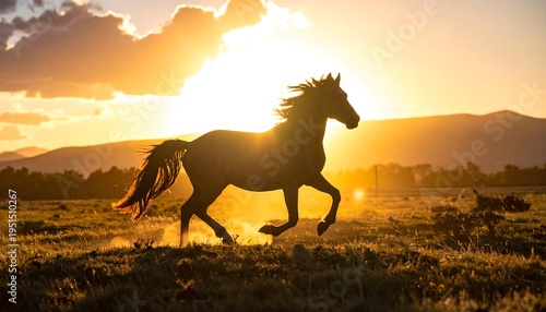 Majestic horse gallops across a golden field at sunset, with mountains silhouetted in the distance