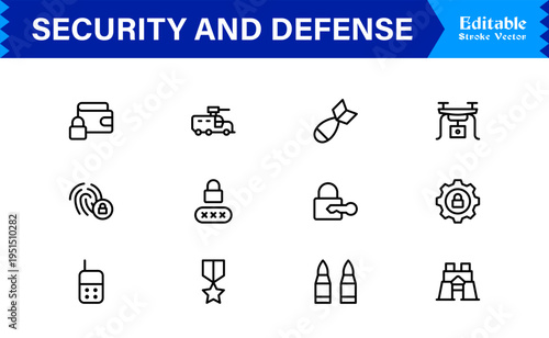 Explore Security and Defense Icon set. Modern Line Icon Collection for Tactical and Protection Designs