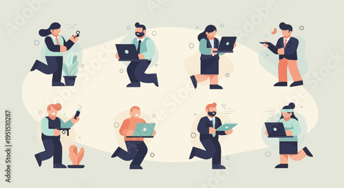 Business people in motion, diverse individuals actively engaged with technology