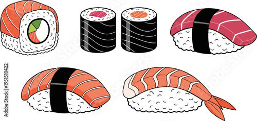 Assortment of Japanese sushi pieces, including nigiri, maki, and roll