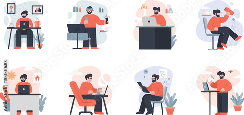 Diverse individuals engaged in remote work, learning, and casual activities