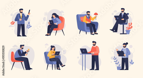 Diverse individuals using technology in comfortable, modern settings