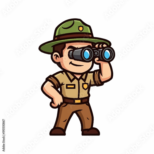 Cartoon park ranger character with binoculars looking forward.
