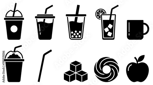a collection of black and white icons featuring various drinks and food items, including cups, straws, sugar cubes, and fruit, on a white background, useful for design and advertising purposes