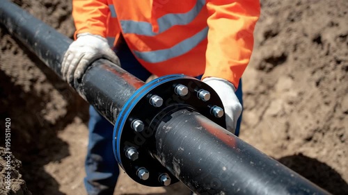 497Worker laying outdoor water pipeline, macro close-up on flange bolts, industrial construction