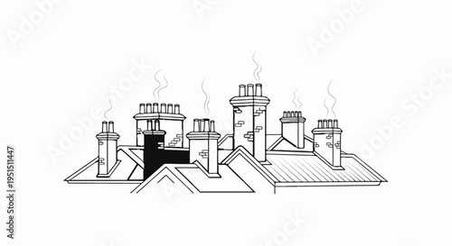 A whimsical illustration of varied chimneys on rooftops emitting gentle smoke
