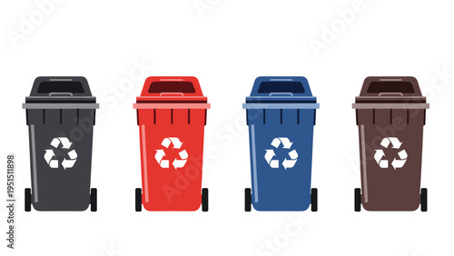 Collection of four colored recycling bins with recycling symbols, representing waste management, sorting, and environmental care.