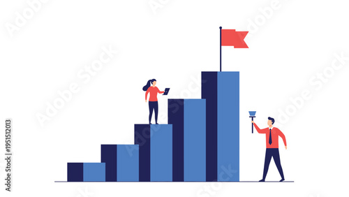 People working on a bar chart staircase leading to a flag, symbolizing business goals, career success, and achieving objectives.
