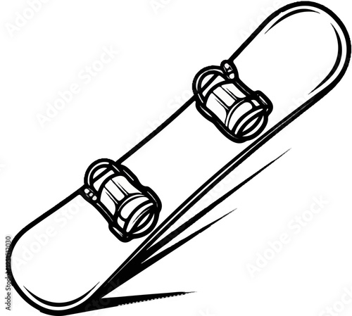 A black and white line drawing of a snowboard with bindings