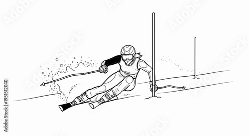 A skier races down a snowy slope, navigating gates with poles
