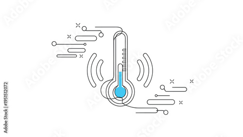 Outline icon of a thermometer with blue liquid and radiating waves, symbolizing temperature monitoring, health, or environmental data.