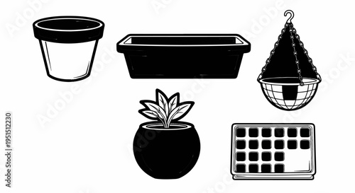 A collection of five black and white illustrations of plant containers