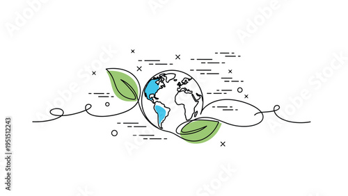 Stylized illustration featuring a globe intertwined with green leaves and abstract lines, symbolizing global ecology and environmental protection.