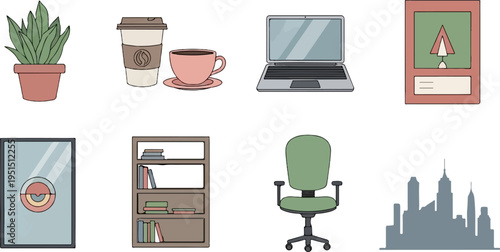 Office environment with plant, coffee, laptop, framed art, screen, bookshelf, chair, and cityscape