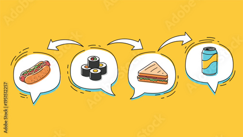 Dynamic illustration of four speech bubbles containing fast food items like hot dog, sushi, sandwich, and soda with connecting arrows.
