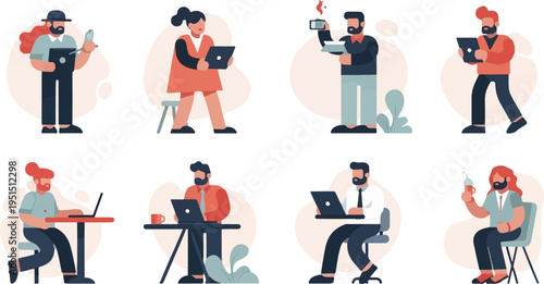 Diverse individuals engaged in various tasks, often with portable technology