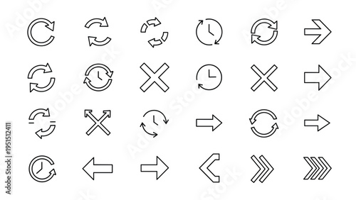 Comprehensive set of diverse arrow and refresh icons in outline style, representing navigation, refresh actions, and directional concepts.