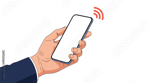 Dynamic illustration of a hand holding a smartphone with radiating red wifi signals, symbolizing mobile technology and urgent wireless communication.