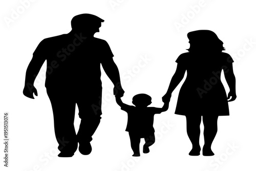 Unified Family Walking Together Parents and Toddler Shared Parenting Journey Black Vector Silhouette
