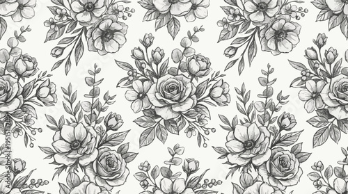 Elegant hand-drawn floral pattern featuring roses and leaves in a vintage sketching style