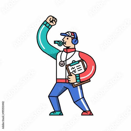 Energetic sports coach with whistle and clipboard motivating team.