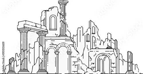 Ancient stone ruins with tall pillars and crumbling archways