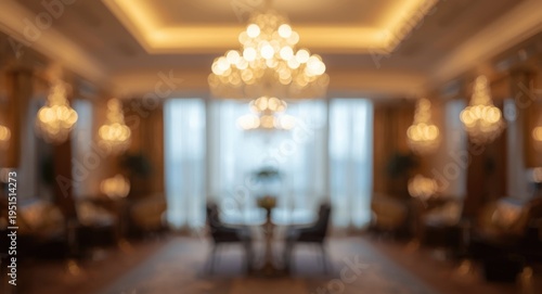 luxury hotel interior with soft bokeh light effect and blurred chandeliers for design background