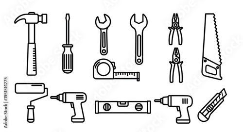 Collection of various tools used for construction and repair work, isolated.