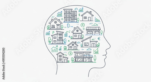 Human mind filled with various house designs representing thoughts and ideas.