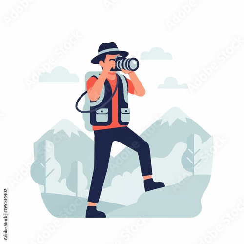 Male photographer with camera and backpack, wearing a hat and vest.