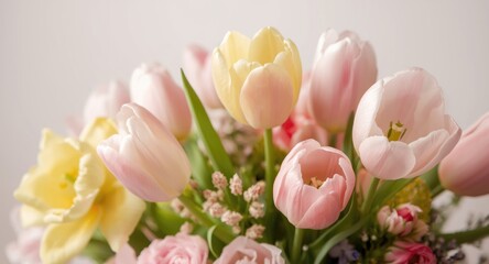 Soft pastel tulips in a Mother's Day themed floral presentation