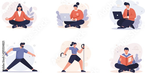 Diverse individuals engage in wellness activities meditation, work, fitness, and reading