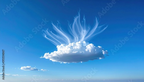 A solitary cloud formation with wispy trails against a bright blue sky