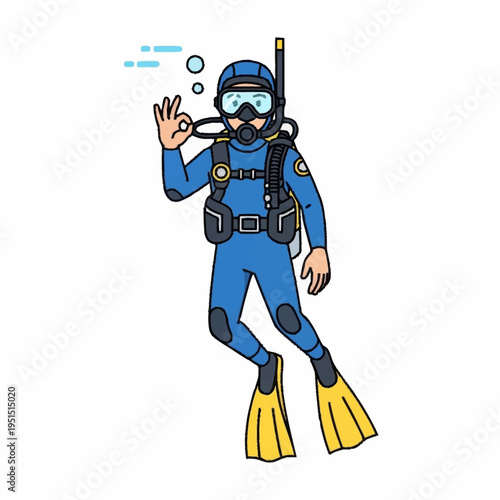 Scuba Diver Making OK Sign Underwater Cartoon.