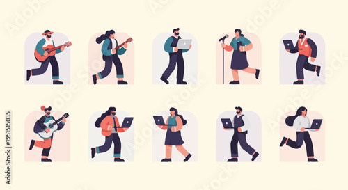 Diverse individuals engaged in music creation and digital work, depicted in stylized, pixelated art