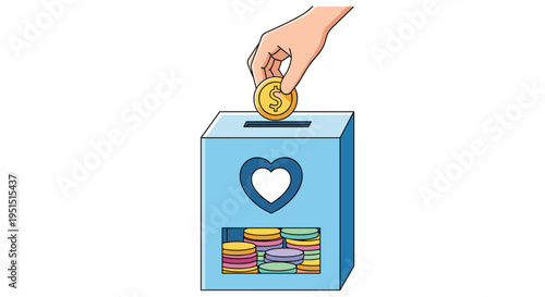 A cartoon hand drops a golden dollar coin into a light blue donation box with a heart cutout on a white background.