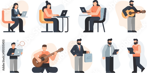 Diverse individuals engaged in various activities, including working on laptops, playing guitars, and holding tablets