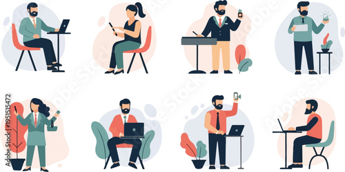 Diverse individuals engaged in various modern work activities