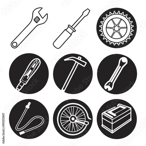 Bicycle repair tools and parts icons: wrench, screwdriver, sprocket, and more