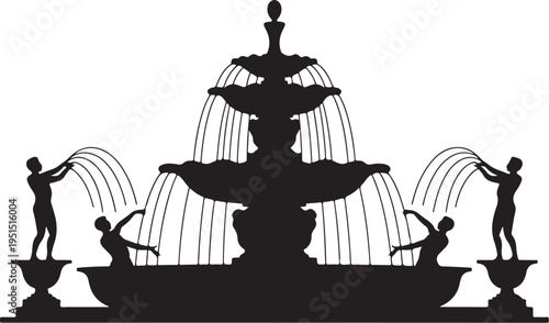 Black silhouette of fountain with four human figures